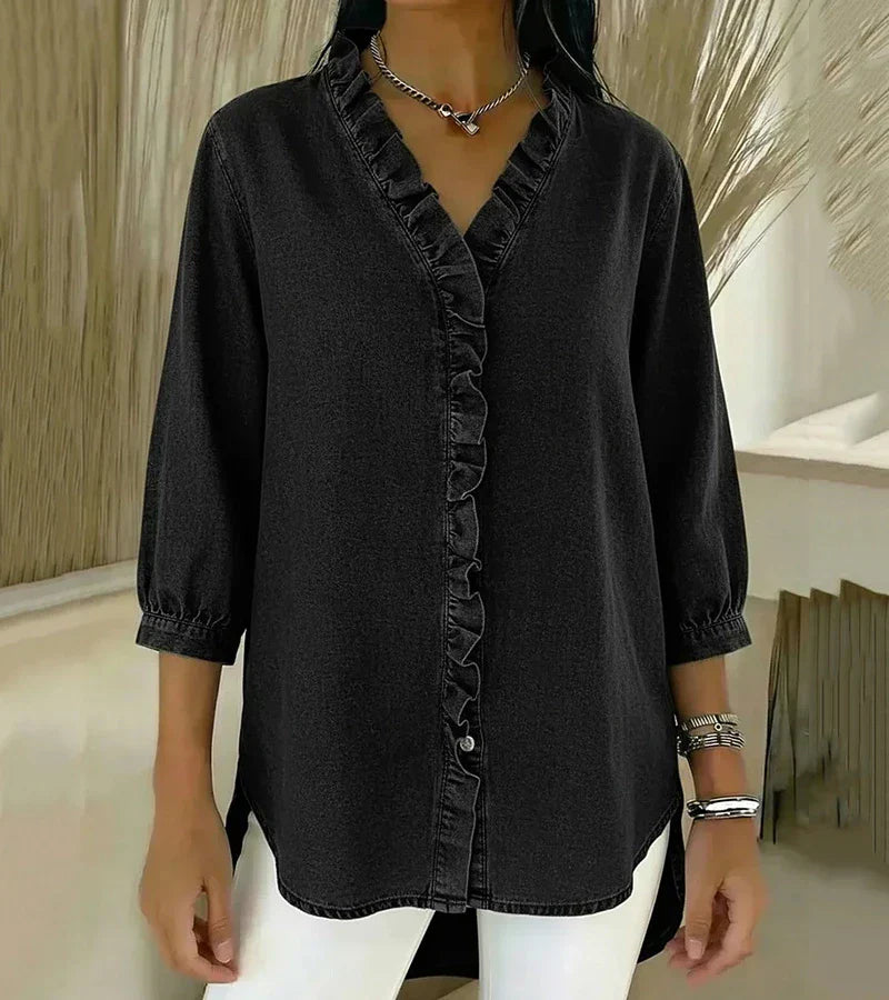 Clémence™ — Blouse fluide col V volanté